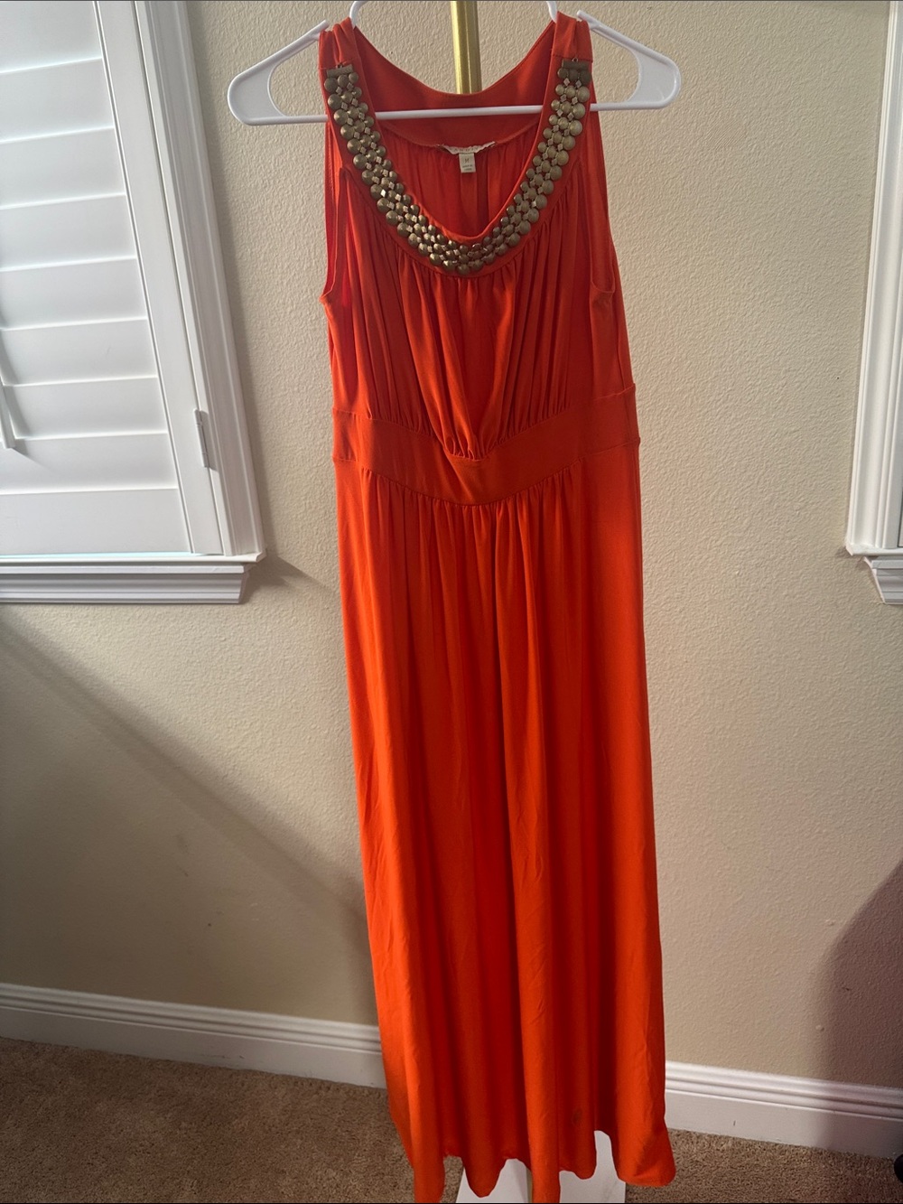 Sleeveless Orange Maxi Dress with Embellished Neckline - Picture 1 of 5